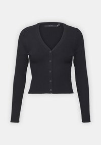 Cardigan court noir côtelé à manches longues, col en V et cinq boutons sur le devant, réalisé en tissu tricoté extensible.