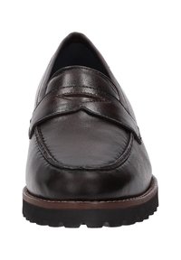 Brown leather loafers with a smooth finish, a moccasin toe, decorative stitching, and a sturdy rubber sole with treads.