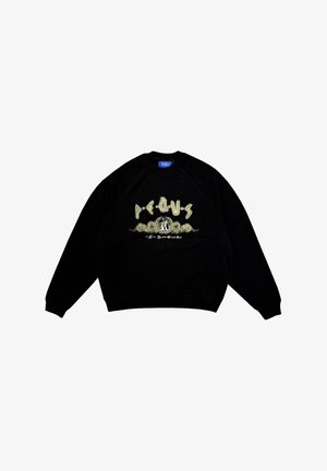 Schwarzer Sweatshirt aus Baumwolle mit einem grafischen Design, das das Wort "PEAUS" in Gelb zeigt, zentriert auf der Vorderseite. Rippbündchen an den Ärmeln und am Saum.