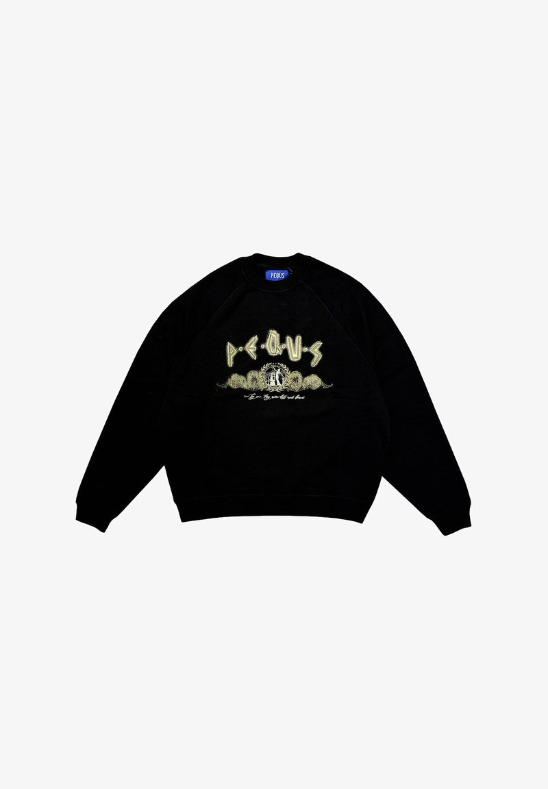 Black sweatshirt made of cotton, featuring a graphic design with the word "PEAUS" in yellow, centered on the front. Ribbed cuffs and hem.