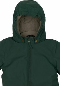 Giacca verde con cappuccio e cerniera, con morbida fodera interna e chiusure a scatto. Il tessuto ha una texture liscia e opaca.