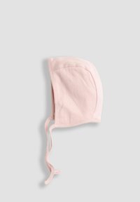 Cappello in cotone rosa pallido con motivo a occhietti, forma rotonda, legacci per il mento e texture liscia. Adatto per neonati.