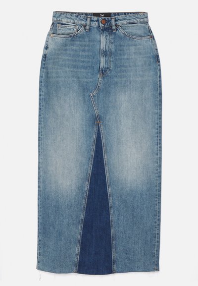 Ανοιχτό γαλάζιο τζιν φούστα με ευθεία γραμμή, που διαθέτει μια κεντρική πιο σκούρα μπλε πινακίδα, πέντε τσέπες και χάλκινες κουμπί υλικό.