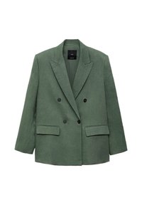 Blazer de doble botonadura en tejido verde texturizado. Presenta solapas con muesca, dos bolsillos frontales y botones negros. Silueta clásica y ajustada.