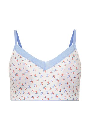 Hellblauer und weißer floraler BH mit verstellbaren Trägern und gewelltem Spitzensaum entlang des Ausschnitts, auf weißem Hintergrund.