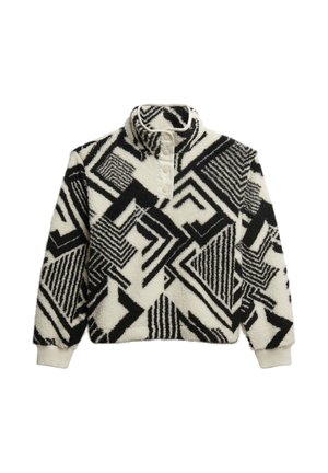 Zwart-wit fleece pullover met abstract geometrisch patroon, drukknop hoge kraag en geribde manchetten op lange mouwen.