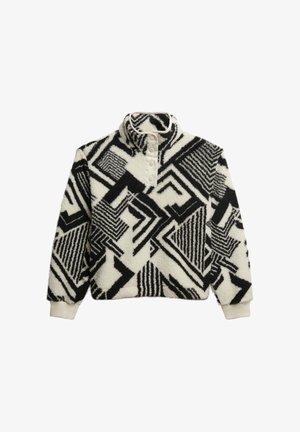 Zwart-wit fleece pullover met abstract geometrisch patroon, drukknop hoge kraag en geribde manchetten op lange mouwen.