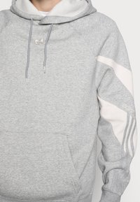 Grå sweatshirt med huva, tillverkad av mjukt tyg. Har en känguruficka, rosa detaljer på ärmarna och en silverfärgad logotyp på bröstet.