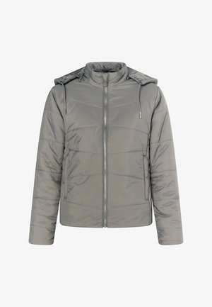 Pilkas pūkinis švarkas su užtrauktuku priekyje, prisegama kapišonu ir įstrižine siuvinėta tekstūra. Pagrindinės savybės - elastinės rankogaliai ir lygus paviršius.