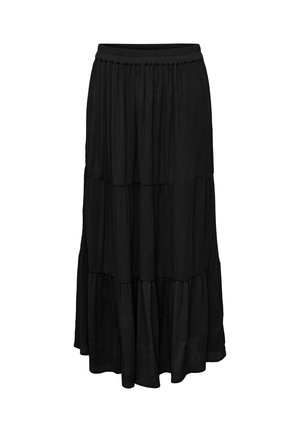 Zwarte gelaagde maxi-rok met elastische tailleband en vloeiende stoftextuur, ontworpen voor casual of semi-formeel gebruik.