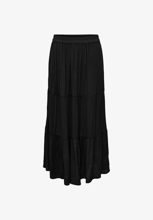 Zwarte gelaagde maxi-rok met elastische tailleband en vloeiende stoftextuur, ontworpen voor casual of semi-formeel gebruik.
