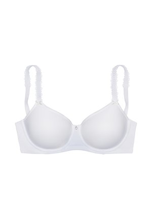 White padded bra with underwire and adjustable lace-trimmed straps, featuring a small decorative charm at the center front.