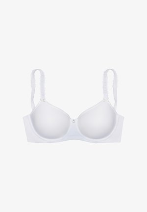 White padded bra with underwire and adjustable lace-trimmed straps, featuring a small decorative charm at the center front.