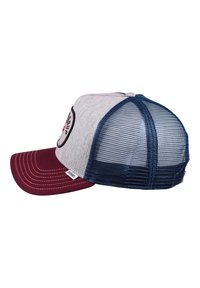 Gray fabric cap with a maroon bill, blue mesh back, side stitching accents, and a patch featuring a red and black design.