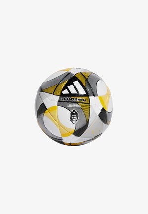 Adidas soccer ball with white and black panels, featuring yellow accents and wavy patterns. Text includes "LA CAPRICHOSA" and emblem design.