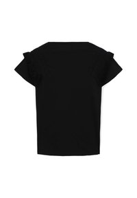 Top nero a maniche corte con scollatura rotonda, caratterizzato da dettagli in tessuto testurizzato sulle spalle e una finitura liscia.