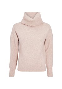 Lyserød sweater lavet af blødt materiale, med en høj ribbet cowl-neck, lange ærmer og en afslappet pasform med ribbede manchetter og kant.