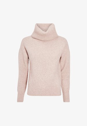 Light pink sweater made from soft material, featuring a high ribbed cowl neck, long sleeves, and a relaxed fit with ribbed cuffs and hem.