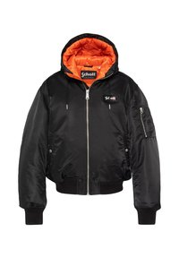 Zwarte bomberjack met een afneembare oranje voering en capuchon. Heeft een ritssluiting aan de voorkant, een logo patch en ribgebreide manchetten. Gemaakt van gestructureerd, soepel materiaal.