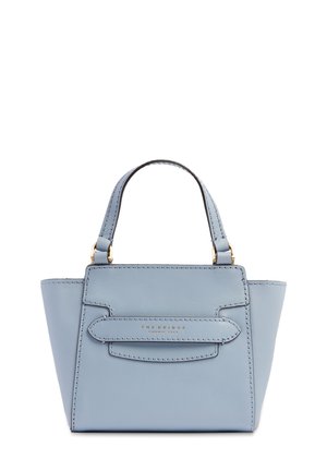 Piccola borsa a mano azzurro chiaro con manici corti, accessori dorati e tasca frontale con patta con la scritta "The Bridge Firenze 1969" in rilievo.