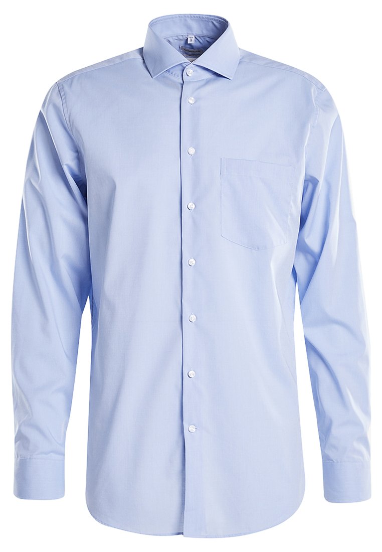 Camicia a maniche lunghe blu chiaro realizzata in tessuto misto cotone, con colletto slim, tasca frontale e chiusura con bottoni. Texture liscia.