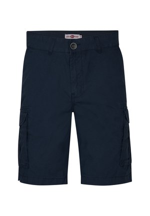 Shorts cargo bleu marine en tissu léger, dotés de deux poches latérales, d'une fermeture à bouton à l'avant et d'un revers ourlé.