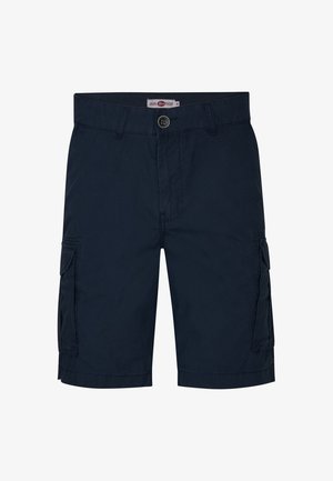Shorts cargo bleu marine en tissu léger, dotés de deux poches latérales, d'une fermeture à bouton à l'avant et d'un revers ourlé.