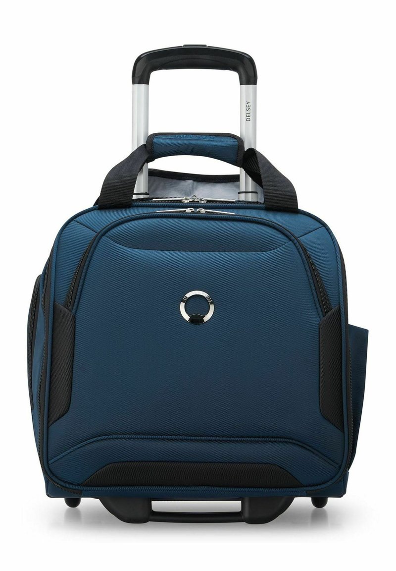 Valise à roulettes Delsey en tissu bleu foncé avec des accents noirs, dotée d'une poignée télescopique, de deux poignées de maintien en haut et de roulettes lisses.