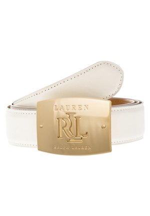 Witte leren riem met grote rechthoekige gouden gesp, gegraveerd met het logo "Lauren RL Ralph Lauren".