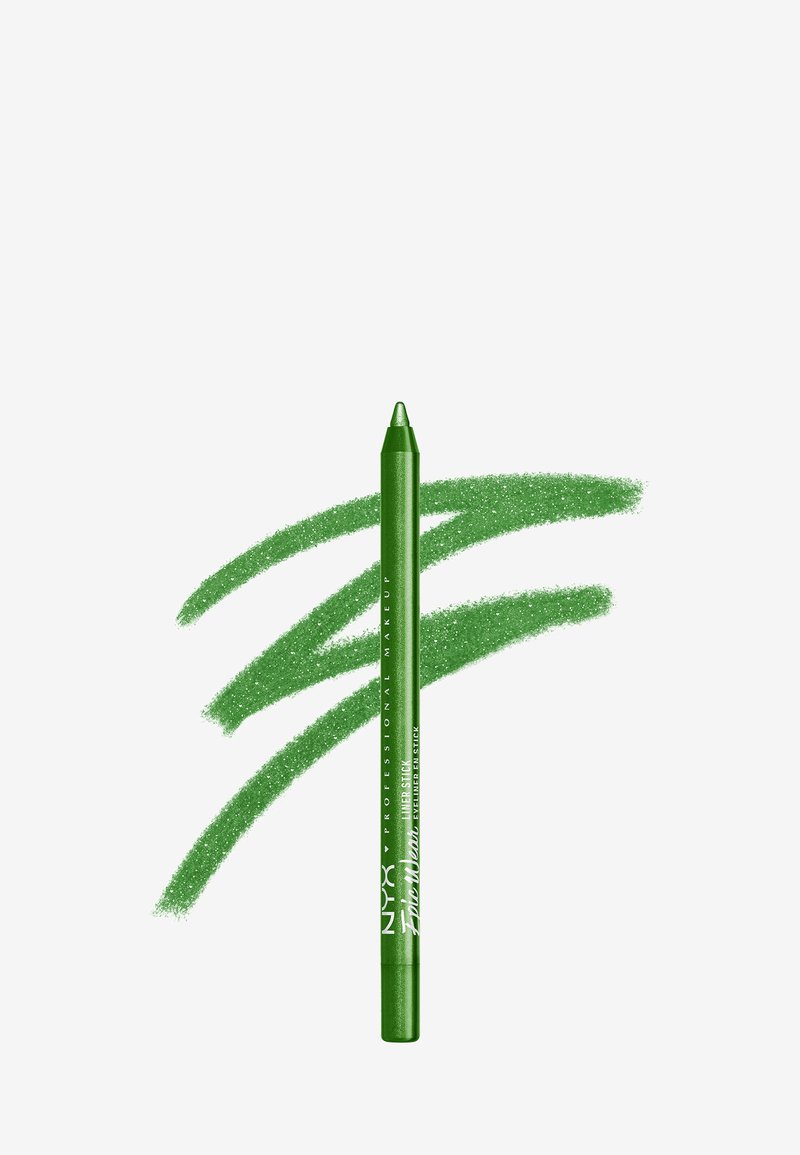 Matita eyeliner verde con punta appuntita, accompagnata da due tratti glitterati verdi su sfondo bianco. Presenta il testo del marchio in bianco.