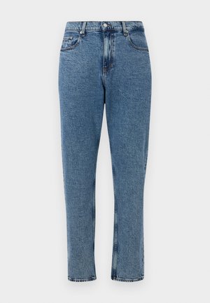 Világoskék farmernadrág, egyenes szárú kialakítással, öt zsebbel, gombos zárással és finom koptatással a szövet felületén.