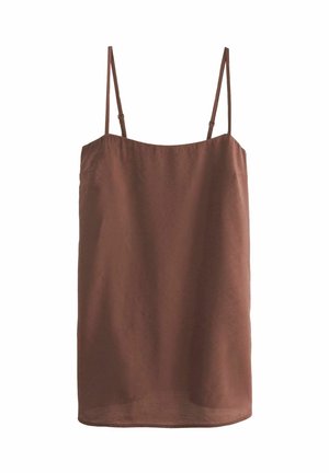 Brązowa sukienka bez rękawów z cienkimi regulowanymi ramiączkami, wykonana z lekkiego materiału, o prostym kroju i lekko nierównym dole.