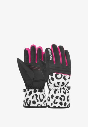 Guantes de estampado de leopardo en blanco y negro con acentos rosas, que cuentan con una palma de cuero suave y puños elásticos para un ajuste seguro.