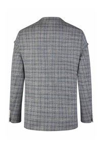 Blazer à carreaux gris avec un col cranté, deux fentes arrière et des détails de boutons sur les manches. Fabriqué en tissu texturé avec des lignes horizontales et verticales.