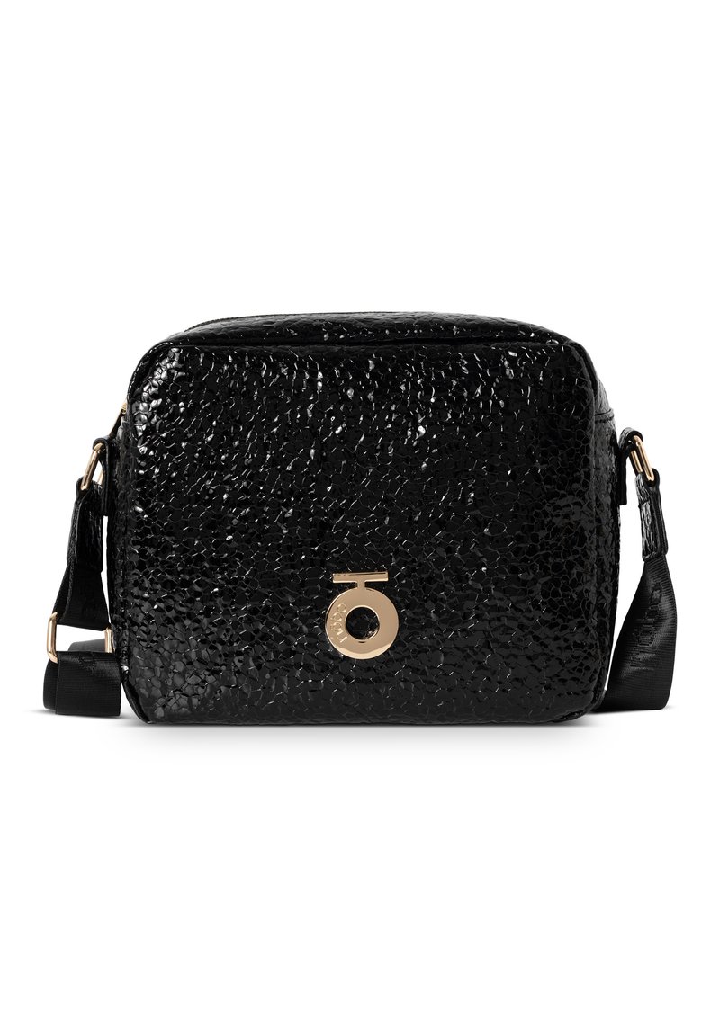 Borsa a tracolla in pelle nera con texture, dalla forma rettangolare, con un accento del logo dorato e tracolla regolabile. Finitura liscia con un motivo distintivo.