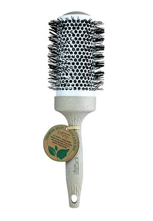 Brosse thermique ronde avec poils noirs et manche beige en paille et balle de riz, avec une étiquette produit écologique.