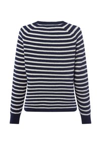Navyblaue und weiße horizontal gestreifte Langarmpullover mit gerippten Bündchen, von hinten auf einem weißen Hintergrund gezeigt.