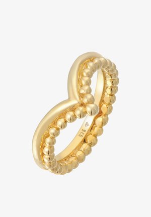 Anillo de oro con una banda lisa en forma de infinito entrelazada con acentos de cuentas. Marcado con "925" en el interior, lo que indica plata de ley.