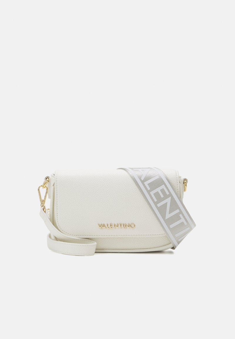White leather crossbody bag with a gold logo, featuring a contrasting silver strap with the brand name in bold lettering and gold hardware.