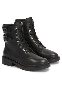 Black leather ankle boots with lace-up front, silver eyelets, dual ankle straps, and a sturdy rubber sole. Smooth texture and rounded toe.