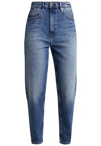 Džíny s vysokým pasem modré barvy z denimu, s předním knoflíkem, zipem, předními a zadními kapsami a mírným vyblednutím na stehnech a kolenech.