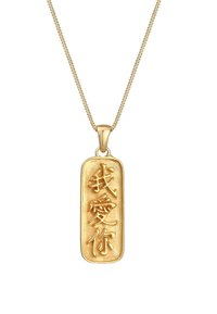 Goldenes Pendant an einer Kette mit rechteckiger Form, gravierten chinesischen Zeichen, strukturiertem Oberflächenfinish und polierter Verarbeitung.