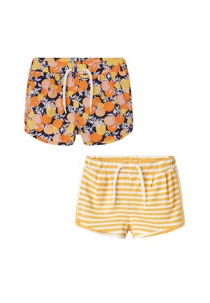 Two pairs of lightweight shorts. Top: navy with orange and yellow floral pattern, elastic waistband, and white drawstring. Bottom: yellow and white striped, with elastic waistband.
