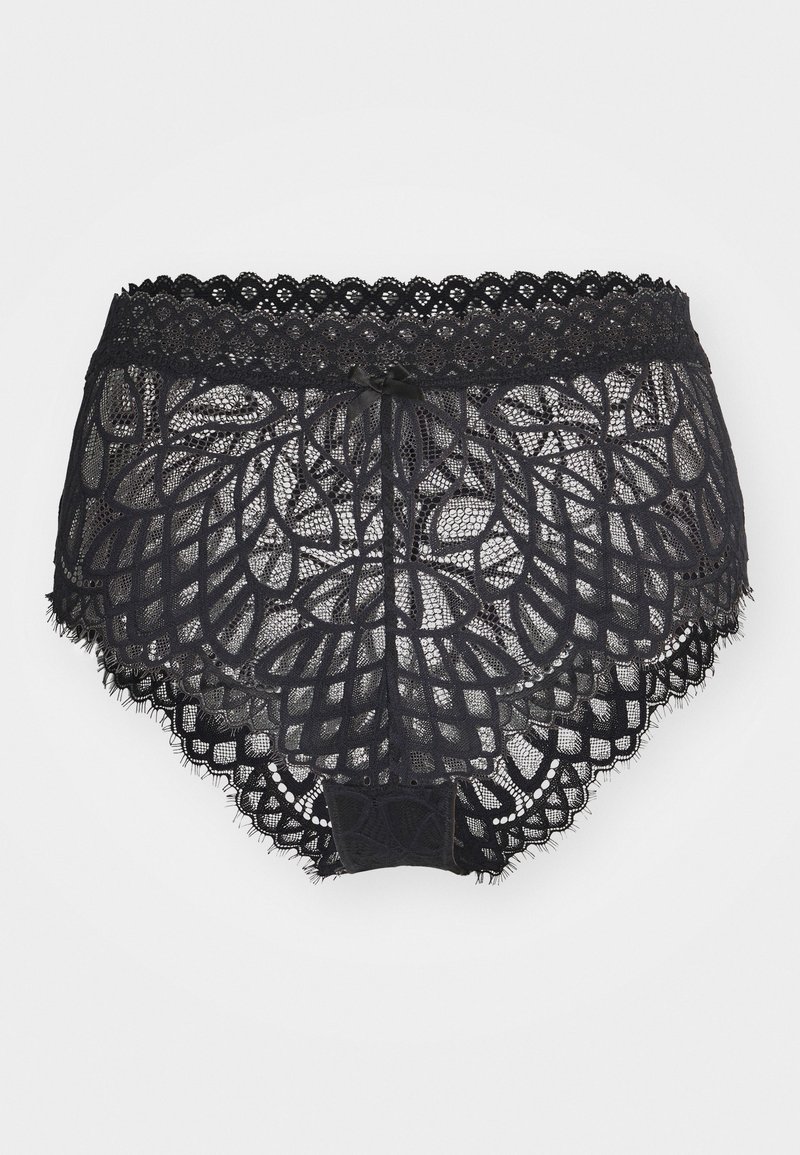 Zwarte kanten slip met bloemenpatroon, gegolfde randen en een klein satijnen strikje aan de voorkant. Zachte, transparante textuur met een gedetailleerd ontwerp.