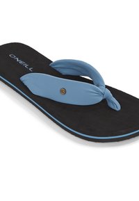 Infradito neri con una cinturino in tessuto blu caratterizzato da un design a nodo, suola testurizzata e un sottile accento blu lungo il bordo. Logo del marchio visibile.