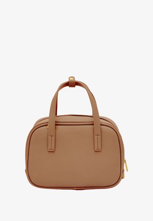 Hnědá syntetická kůže taška s dvojitými uchy, zipovým uzávěrem, obdélníkovým tvarem, minimalistickým designem a zlatavými kovovými detaily.