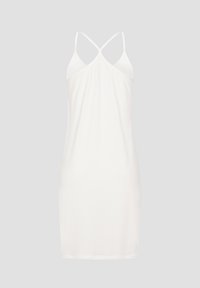 Weißes ärmelloses Kleid mit V-Ausschnitt und überkreuzten Trägern, aus weichem Stoff mit glatter Textur und leicht tailliertem Schnitt.