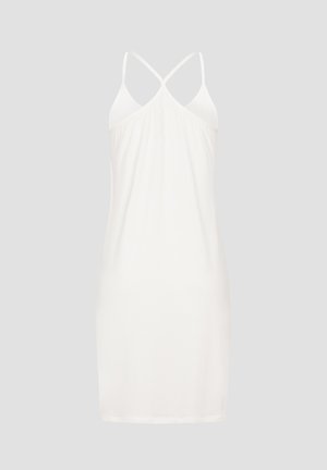 Robe blanche sans manches avec un décolleté en V et des bretelles croisées, fabriquée en tissu doux avec une texture lisse et une coupe légèrement ajustée.