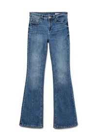 Blå denimbyxor med utsvängd ben, med medelhög midja, frontfickor, dragkedja och subtil blekning på låren och knäna.