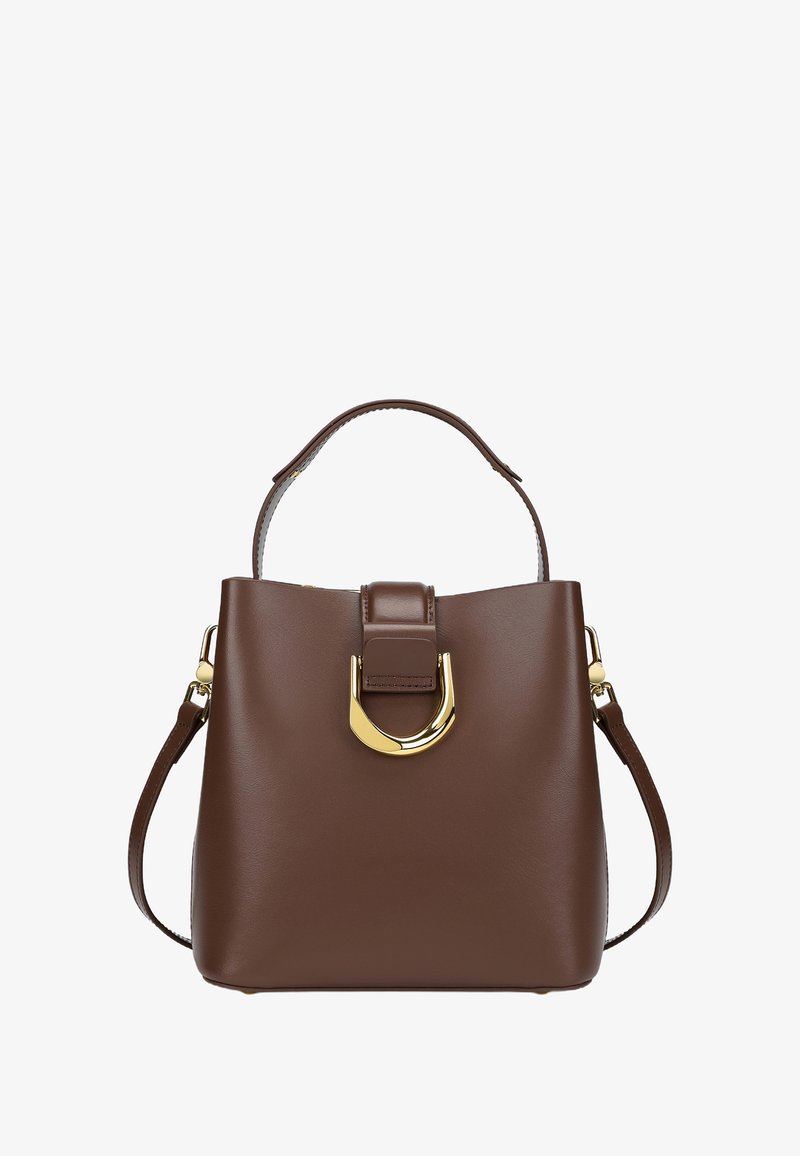 Barna bőr kézitáska, amelynek strukturált kialakítása van, arany színű fém részletekkel és leválasztható vállpánttal.